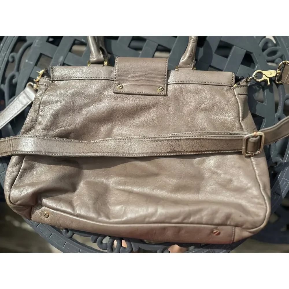 Tory Burch Holland Satchel Taupe Gray Leather Shoulder Bag Crossbody Tote Purse